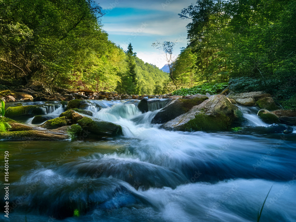 Aufkleber serene river flows through lush green forest, cascading over mossy rocks. sunlight filters through t