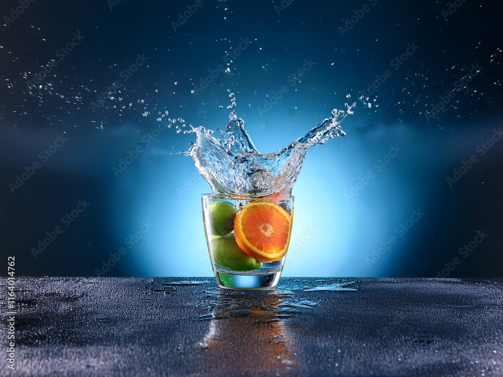 Leinwandbilder a vibrant splash of water erupts as citrus fruitsoranges and limesplunge into a glass, creating a dy