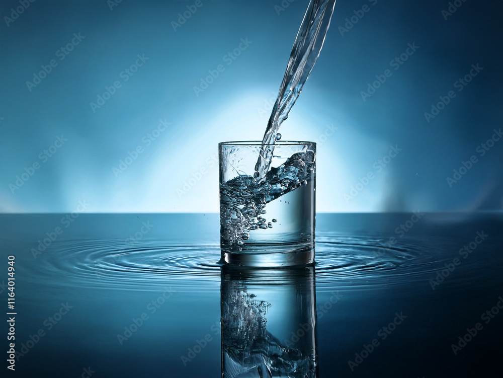 Leinwandbilder water pours into a glass, creating ripples on a reflective surface. the scene is serene and evokes a