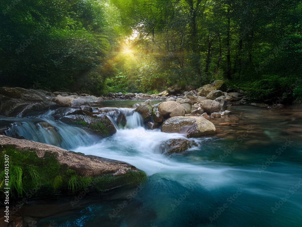 Aufkleber serene forest stream flows over smooth rocks, bathed in the golden light of the setting sun. the wat