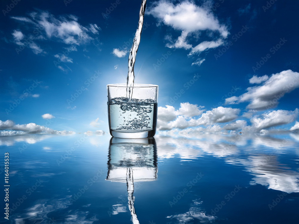 Poster pure water pours into a glass, reflecting a vibrant sky and clouds in a tranquil scene. the image ev