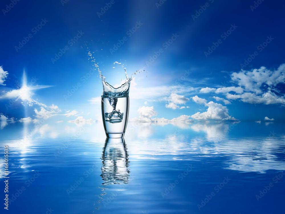 Aufkleber A glass of ice water splashes, creating a dynamic scene against a vibrant blue sky and calm reflective water. Sunlight beams add to the image's refreshing feeling.