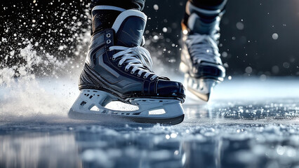 Close-up of a hockey skate gliding on ice with snow spray against a dark background.