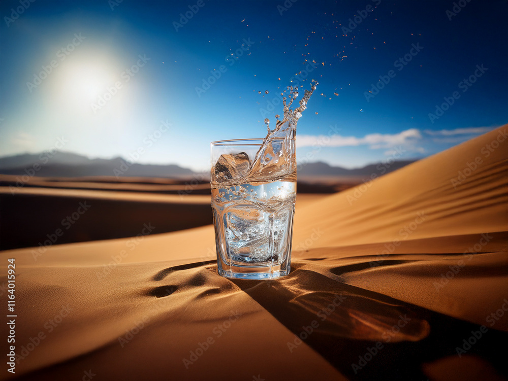 Aufkleber a glass of ice water sits in a desert, sunlight creating a dramatic backlighting. the water splashes