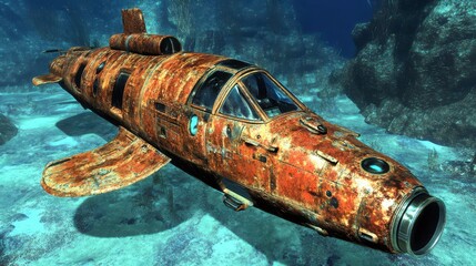 Rusty Submarine Underwater Deep Sea Exploration