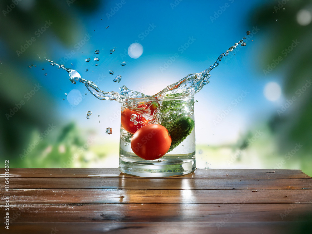 Poster refreshing image of tomatoes and cucumber splashing into a glass of water on a wooden table, outdoor