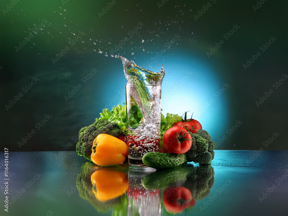 Poster Refreshing image of water splashing into a glass surrounded by vibrant vegetables on a reflective surface.  The background is a dark teal and green gradient.