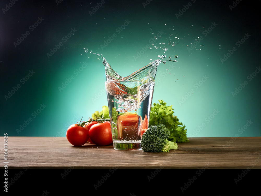 Poster refreshing image of a glass of water with a splash, accompanied by fresh vegetables like tomatoes an