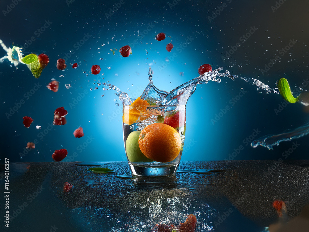 Aufkleber a vibrant splash of water erupts as assorted fruitsapples, oranges, and berriesplunge into a glass, 