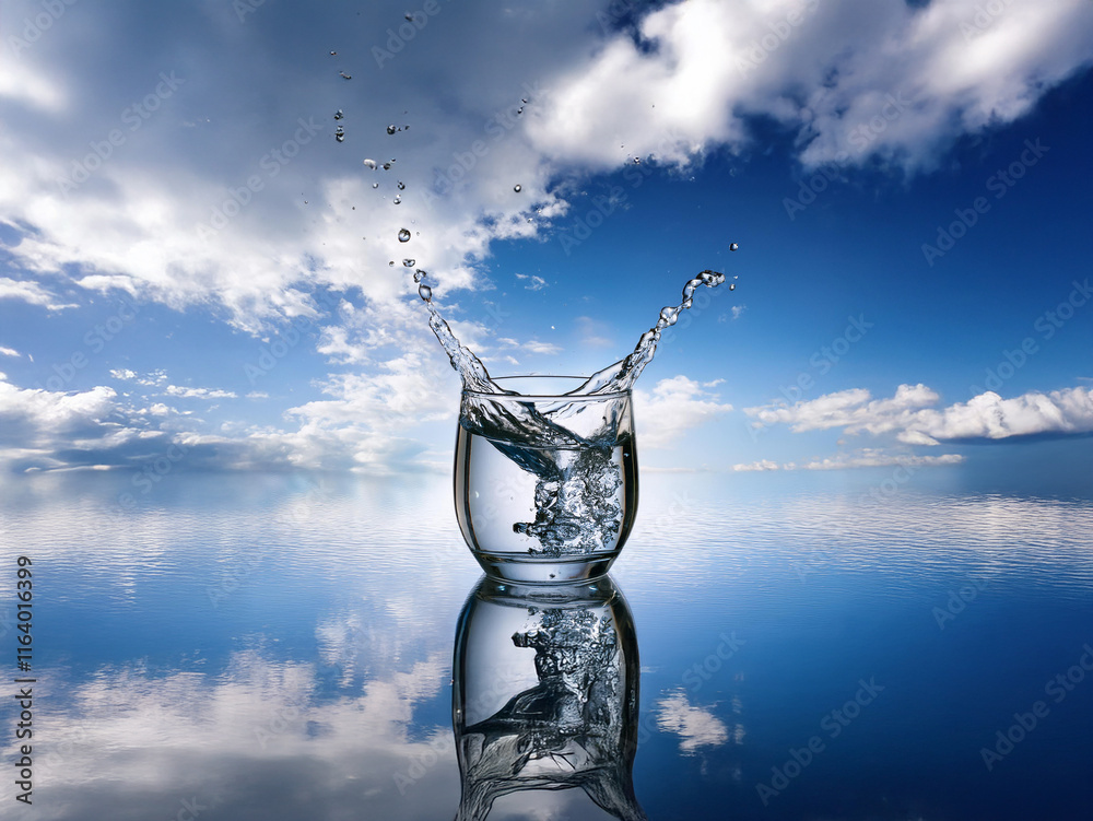 Poster a glass of water with ice, sits on a reflective surface, mirroring a vibrant blue sky filled with fl