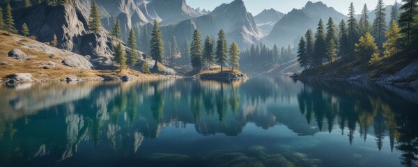 Naklejka premium Gentle ripples on a still blue lake reflecting the surrounding mountains and trees, water, calm