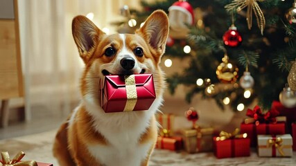 Corgi puppy grasping wrapped gift near sparkling christmas tree, showcasing festive holiday spirit and canine charm
