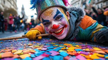 Obraz premium A vibrant clown lies on the ground covered in festive confetti, embodying joy and excitement during a lively parade filled with colorful decorations and cheerful onlookers.