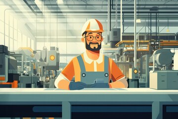 Whimsical Factory Worker in Cheerful Cartoon Style