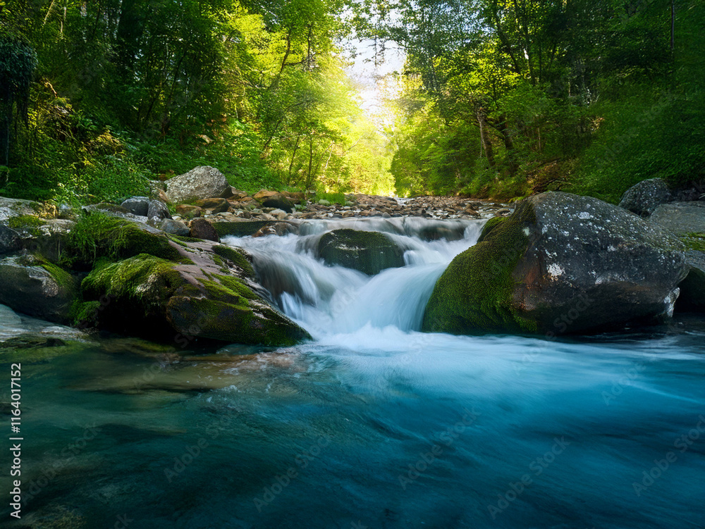 Poster Sunlight filters through lush green forest canopy, illuminating a tranquil stream cascading over mossy rocks.  The crystal-clear water flows smoothly, creating a serene atmosphere.