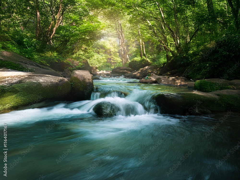 Poster sunlit stream flows through a lush green forest, cascading over smooth rocks. the water is clear and