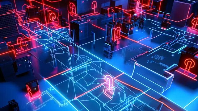 A conceptual digital grid with neon lock icons representing cybersecurity and data networks. The interconnected design highlights the complexity of modern cyber systems