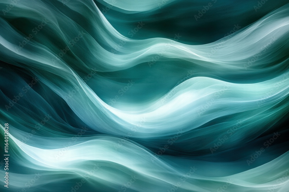 Poster abstract waves of teal and white create a soothing, fluid background.