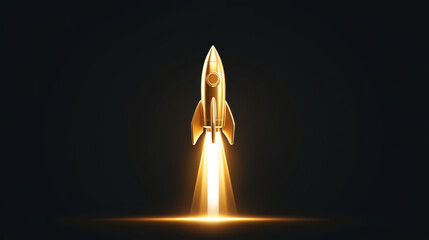 Direction and Target, radiant gold rocket flying upwards with glowing flames, symbolizing ambition and exploration