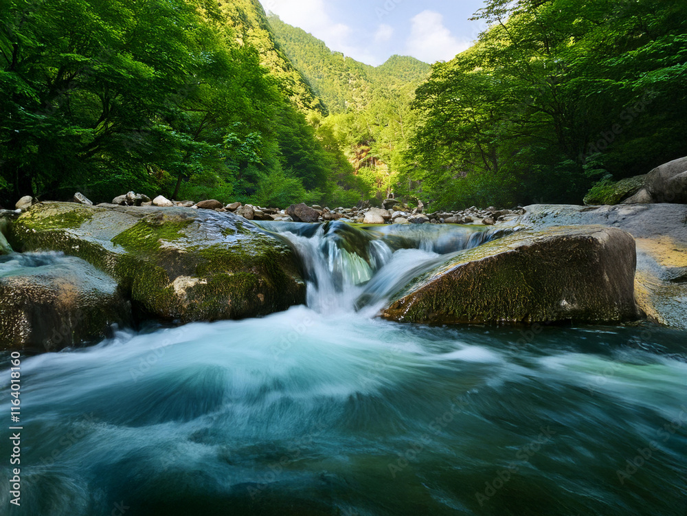 Poster serene mountain stream flows smoothly over moss-covered rocks, lush green foliage framing the tranqu