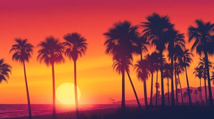 Silhouette palm trees at sunset over the ocean. Vivid colors of orange, red, and yellow.