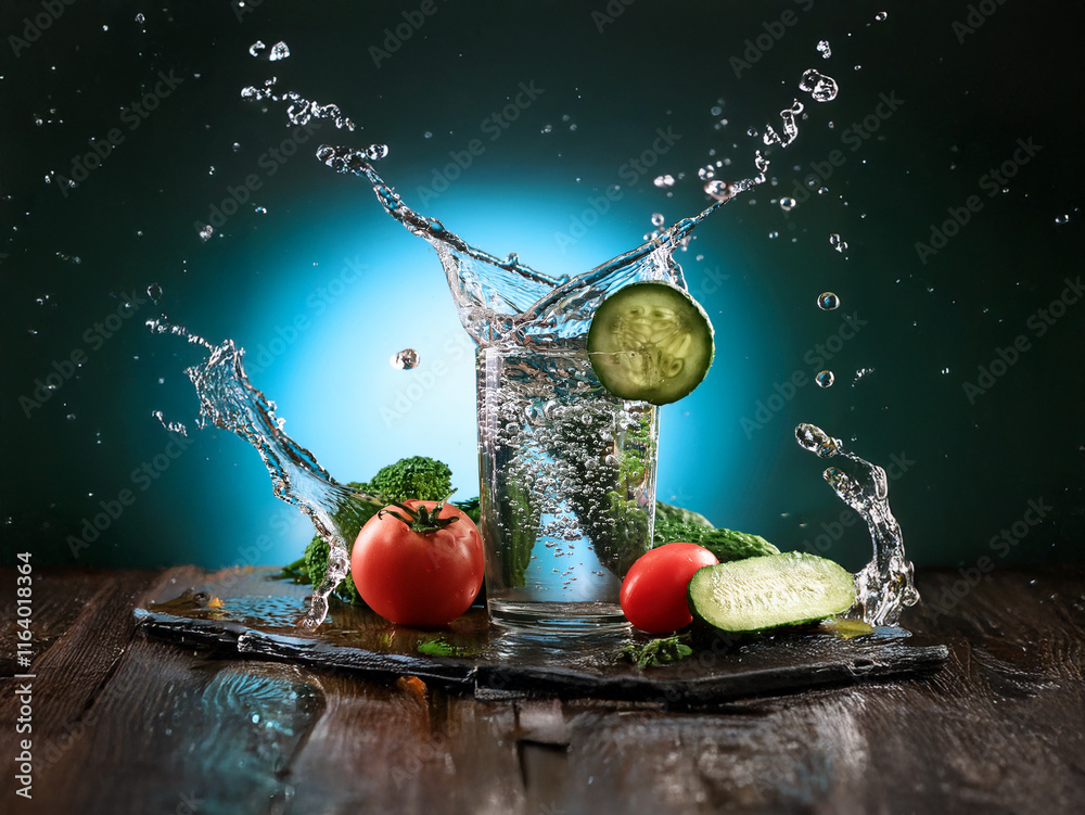 Poster refreshing cucumber and tomato water splash in a glass, surrounded by fresh produce on dark wood. a 