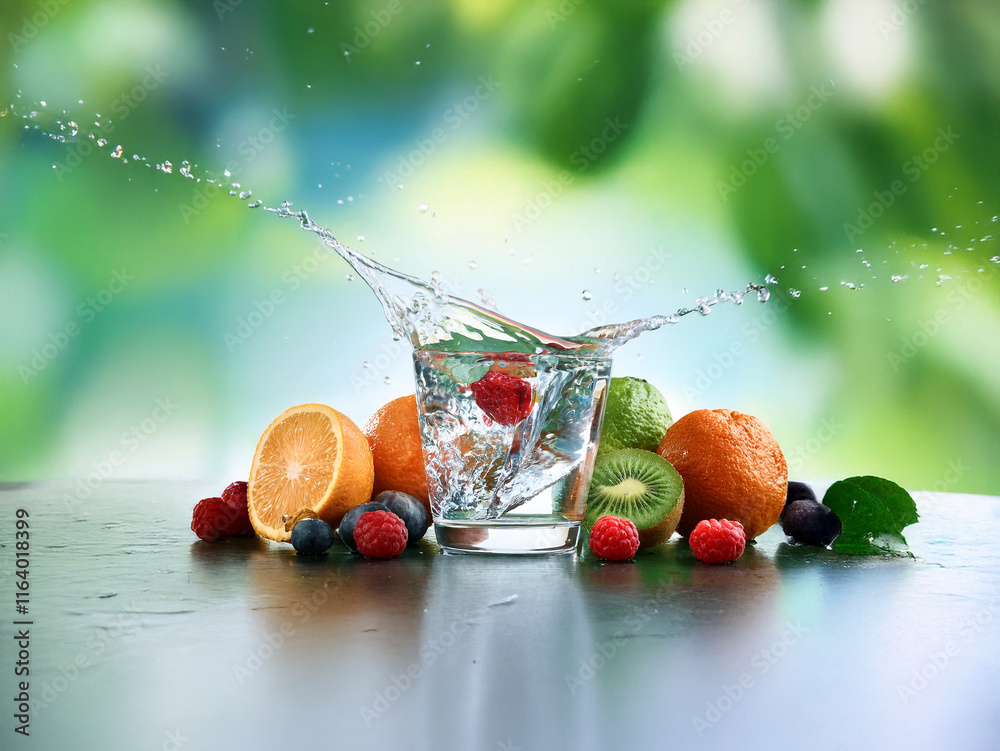 Poster Refreshing image of a glass of water with fruit splashing into it, surrounded by assorted berries and citrus fruits on a reflective surface against a vibrant green bokeh background.  The scene evokes 