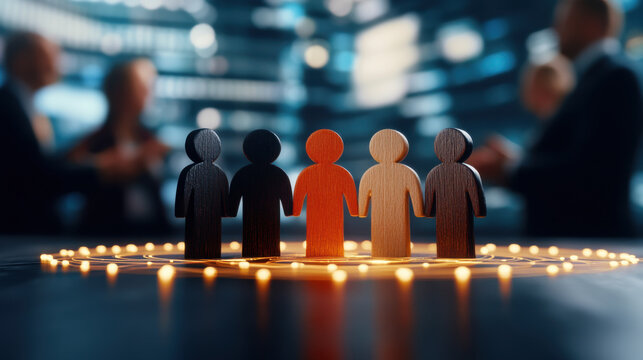 Direction and Target, Five wooden figures in black and red tones symbolize unity and diversity