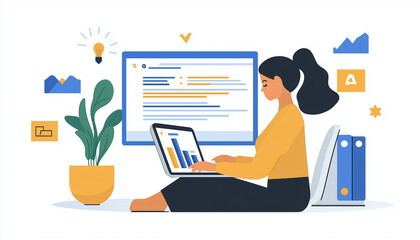 illustration of a businesswoman working on her laptop on a project