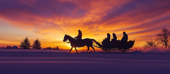 Silhouette of horse-drawn sleigh at sunset over snow-covered landscape.