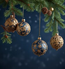 Hanging ornaments with glittering snowflakes and pinecones on a dark blue background,  Winter Wonderland,  Blue Background