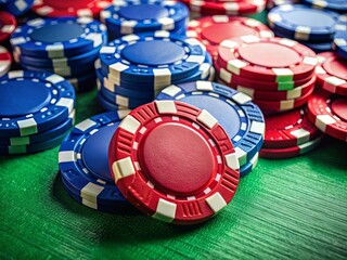 Red & Blue Poker Chips on Green Felt Table - Casino Gambling Game Background