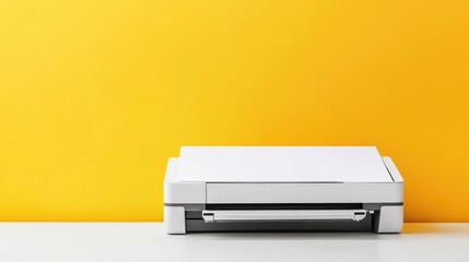 Front view of a light printer and a blank A4 paper on a white table on a yellow background, mockup.Office equipment, close-up.Copy space.Multifunction device. Multifunction printer.