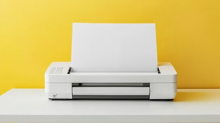 Front view of a light printer and a blank A4 paper on a white table on a yellow background, mockup.Office equipment, close-up.Copy space.Multifunction device. Multifunction printer.