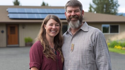 Obraz premium Happy Couple Posing Together Outside Their Home with Solar Panels on the Roof