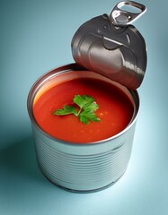 A can of vibrant tomato soup garnished with fresh parsley.
