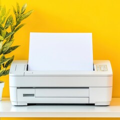 Front view of a light printer and a blank A4 paper on a white table on a yellow background, mockup.Office equipment, close-up.Copy space.Multifunction device. Multifunction printer.