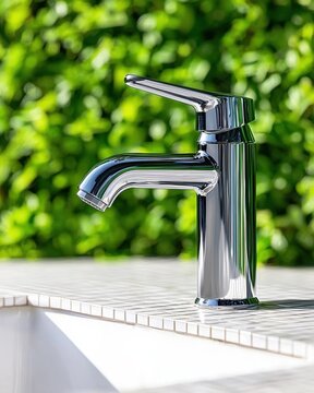 Sparkle and hygiene in bathroom concept. Modern chrome faucet on a countertop with lush greenery background