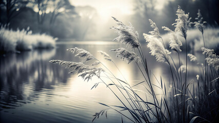 Obraz premium Dreamy black and white nature photography of serene water and reeds