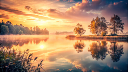 Obraz premium serene sunset over tranquil lake, reflecting vibrant colors and trees