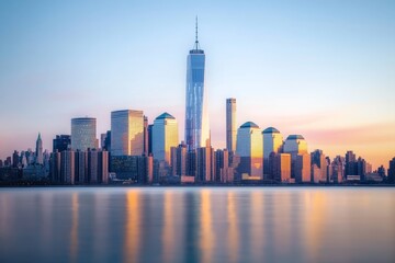 Fototapeta premium Stunning sunrise cityscape skyline with skyscrapers reflecting in calm water.