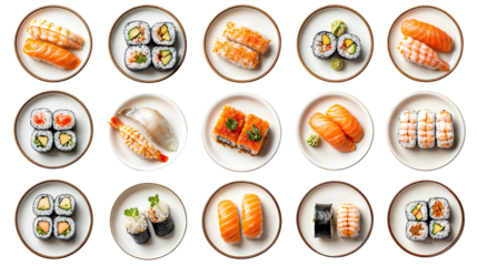 Set of assorted sushi rolls and nigiri on plates, isolated on a transparent background