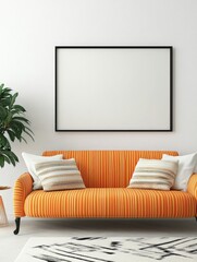 Orange Striped Sofa with Blank Frame and Plant