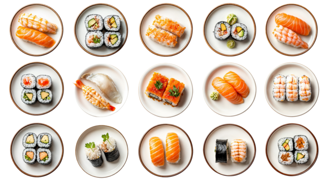 Set of assorted sushi rolls and nigiri on plates, isolated on a transparent background