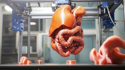 3D printer creating detailed anatomical model of human digestive system.
