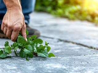 Man removing weeds growing between paving stones.
