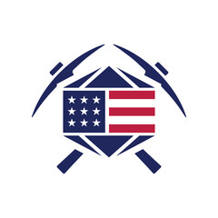 The image shows an emblem logo design for American Mining Association that depicts a diamond shape with two pickaxes and a red and blue American flag  