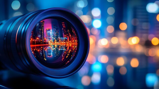 A camera lens captures a cityscape at night with bokeh lights in the background. - Powered by Adobe