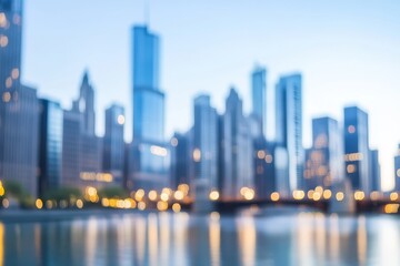 Obraz premium Blurred cityscape at dawn reflecting on water.