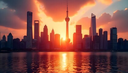 Fototapeta premium A stunning cityscape at sunset with glowing skyscrapers and serene water reflections.